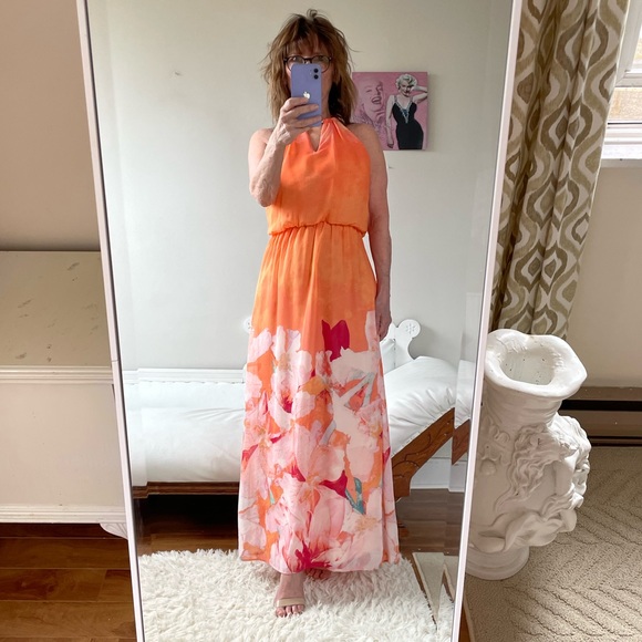 ORANGE SLEEVELESS HALTER MAXI DRESS STRETCH WAIST GOLD NECKLACE CLOSURE - Picture 13 of 13